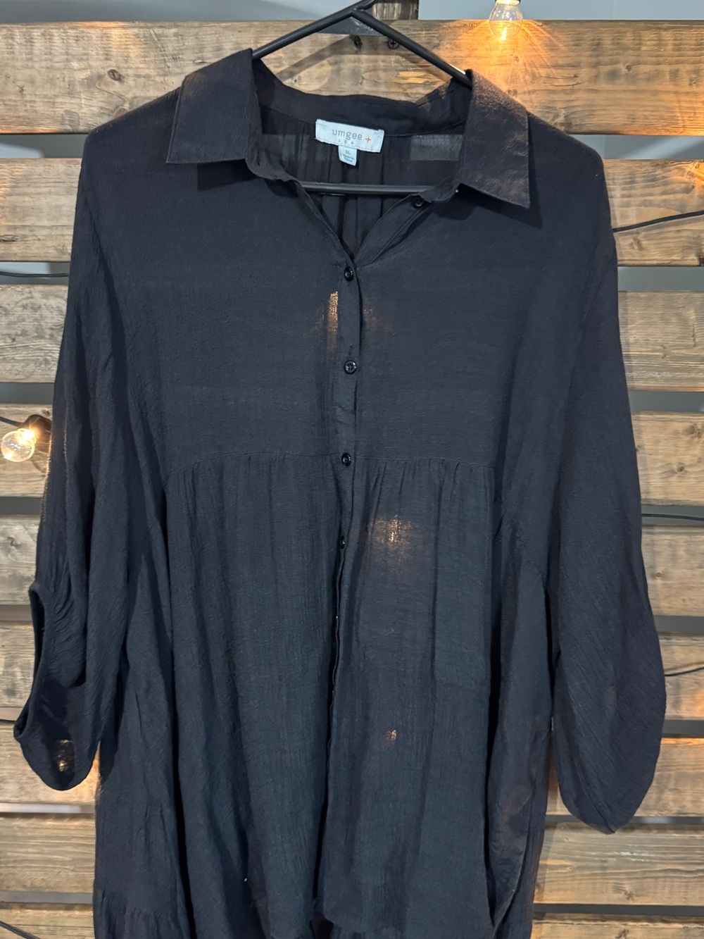 Umgee Black Tiered Tunic Blouse XL Rayon Blend Button Front Boho